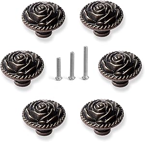 Perphin Vintage Rose Cabinet Knobs, Antique Bronze Cupboard Dresser Door Pull Round Zinc Alloy Knob Flower Drawer Handles with 3 Sized Screws for Furniture Kitchen Cupboard Closet Wardrobe (6 Pack)