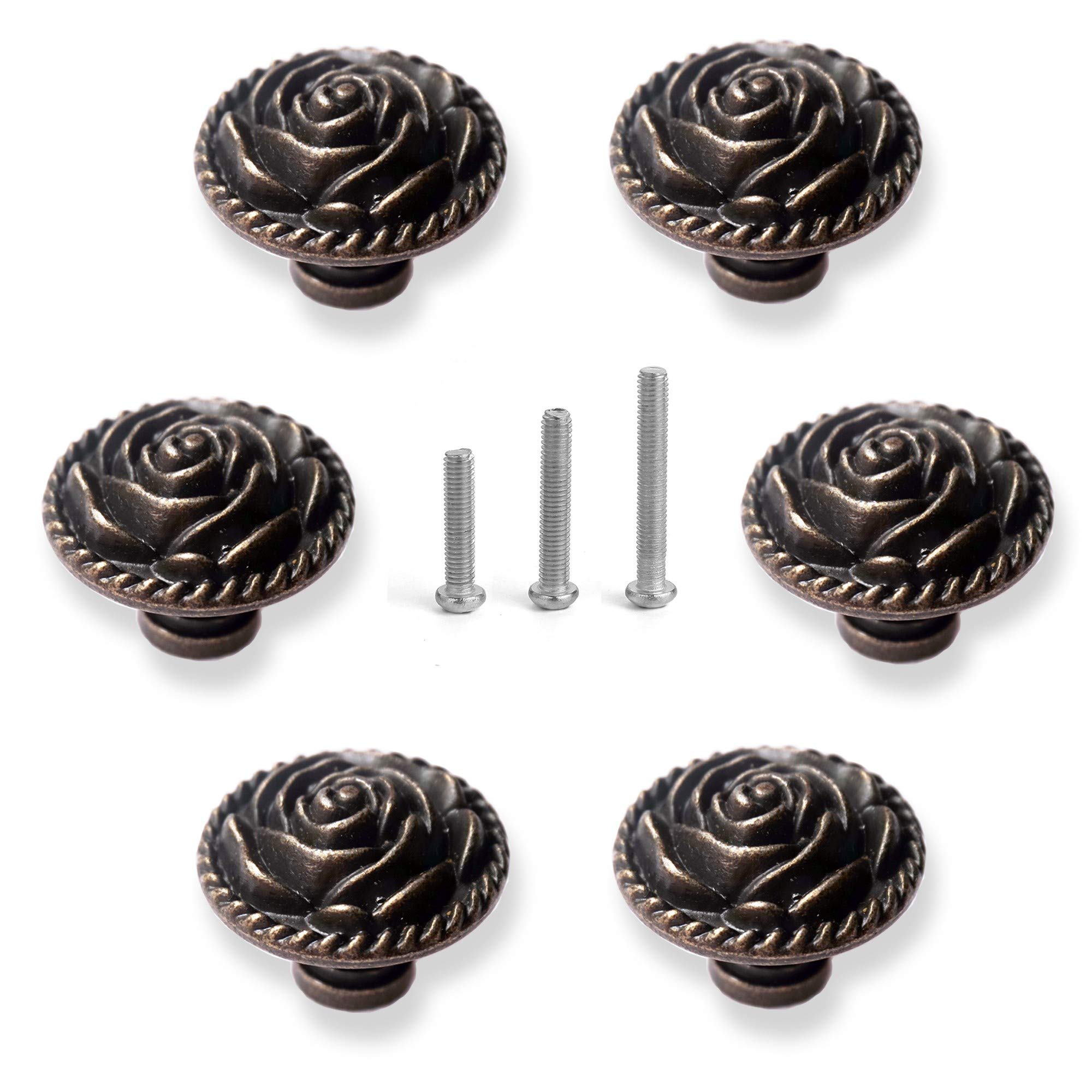 Perphin Vintage Rose Cabinet Knobs, Antique Bronze Cupboard Dresser Door Pull Round Zinc Alloy Knob Flower Drawer Handles with 3 Sized Screws for Furniture Kitchen Cupboard Closet Wardrobe (6 Pack)