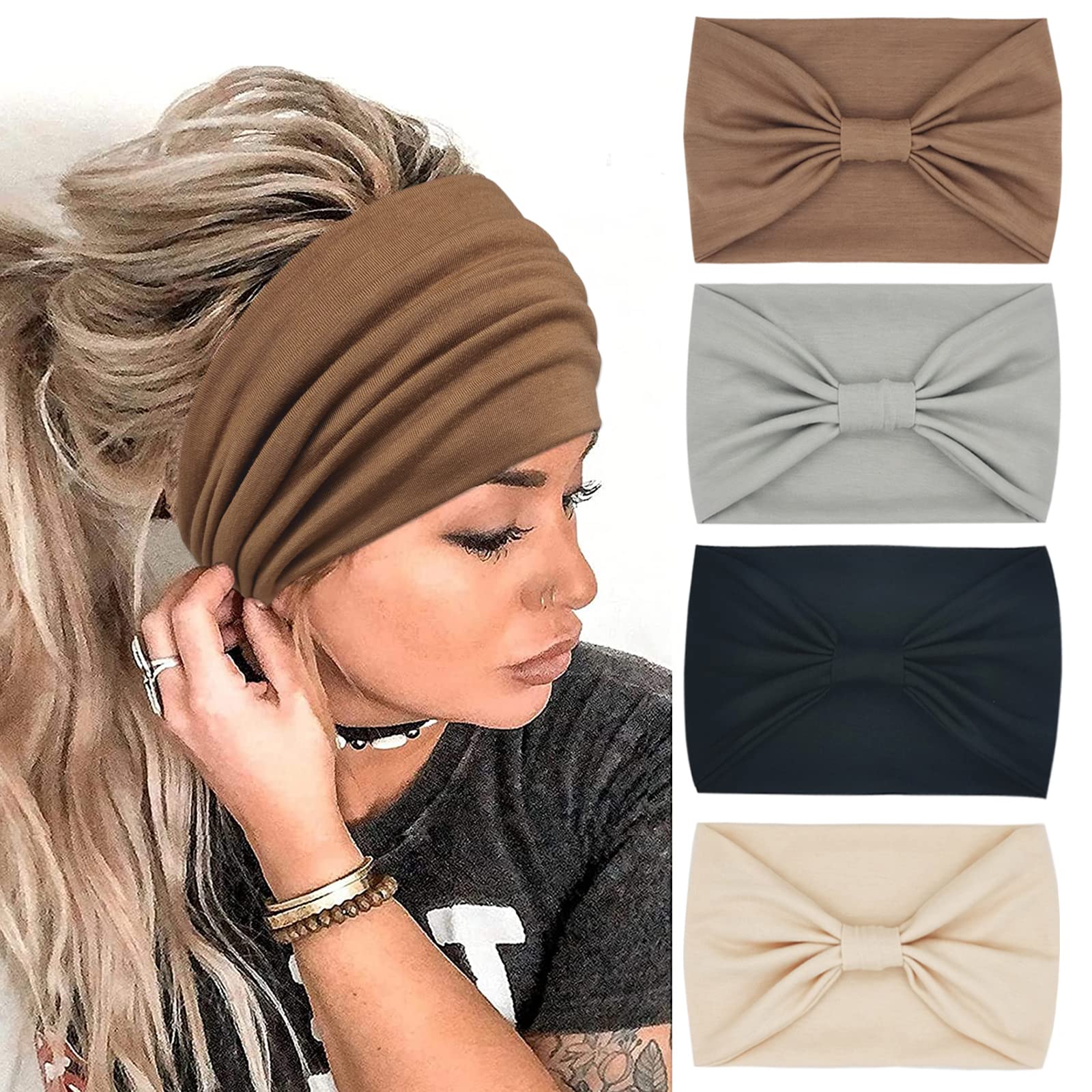 Photo 1 of **Only three** YONUF Wide Boho Headbands for Women Fashion Knotted Headband Yoga Workout Hair Accessories African Head Wrap 4 Pack