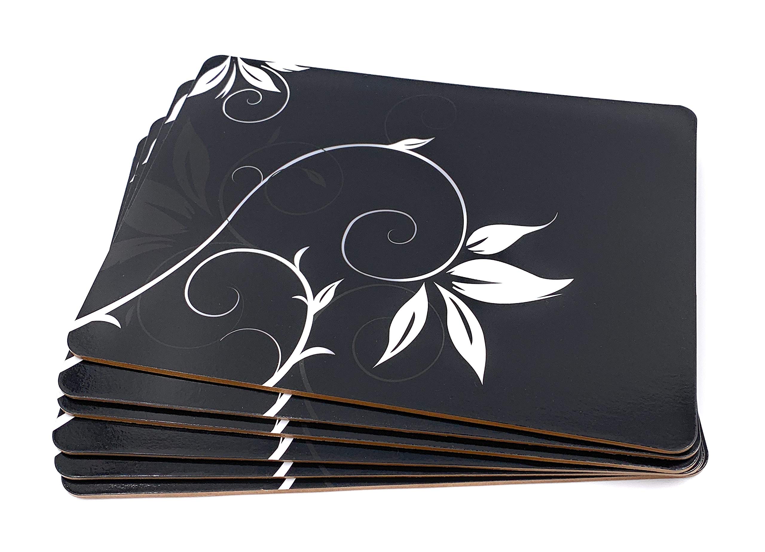 Vivienne Black Cork Placemat Set of 6, Floral Design, Heat-Resistant & Protective