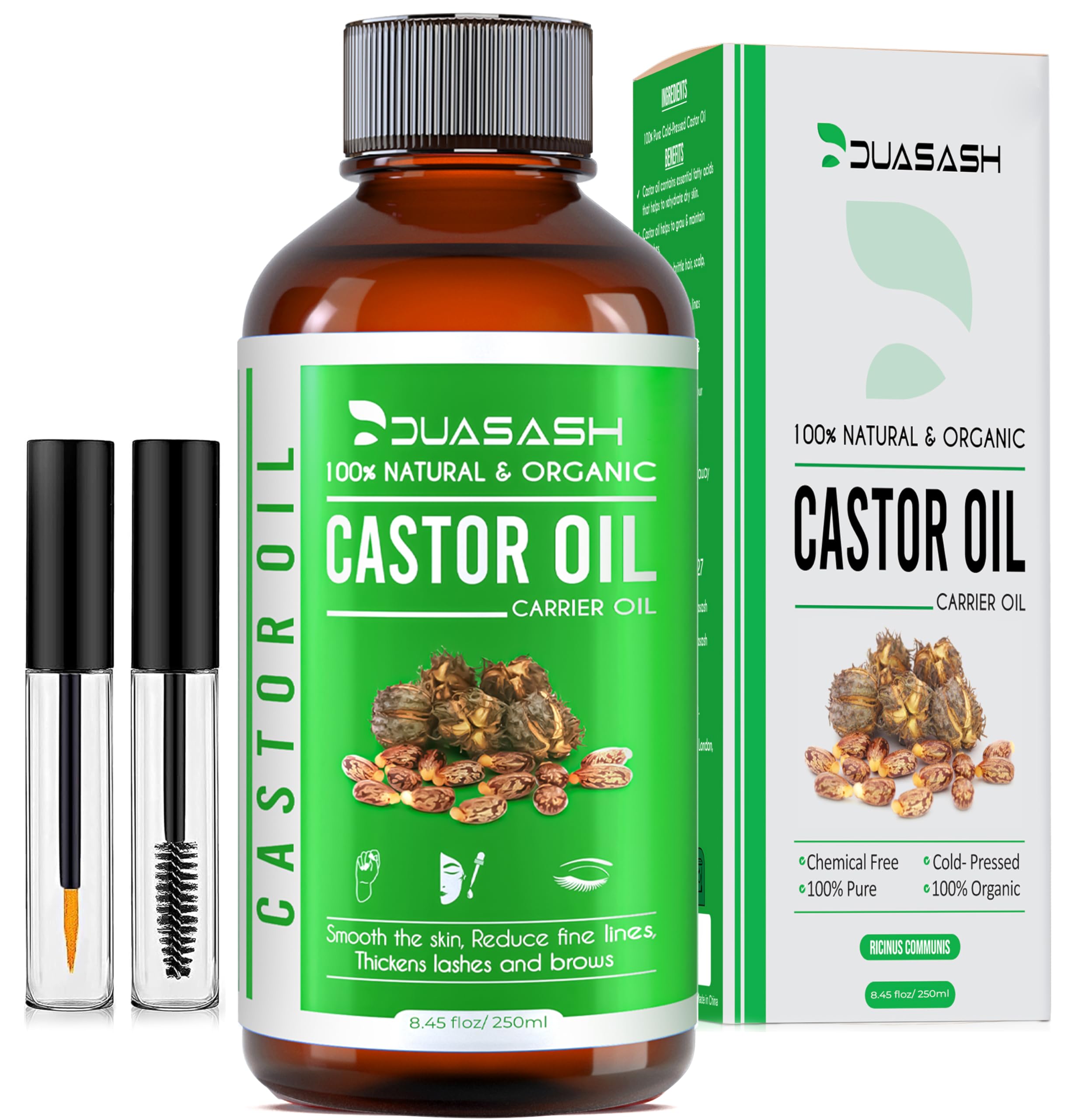 Duasash Organic Castor Oil for Eyelashes and Eyebrows 250ml Cold Pressed Castor Oil for Hair Growth Undiluted Hexane Free 100% Natural and Pure Caster Oil for Skin with Brushes For Hair, Beard, Nails