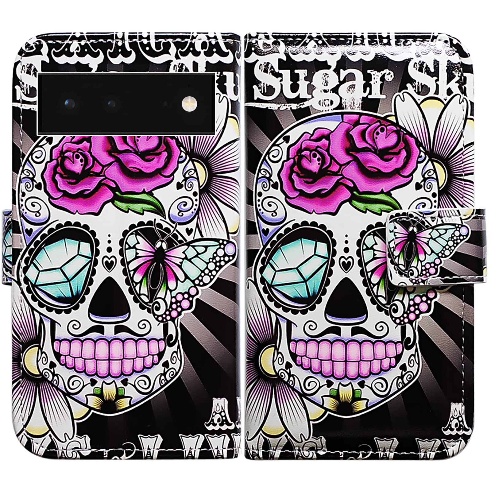 Bcov Google Pixel 6 Case, Purple Flower Sugar Skull Leather Flip Phone Case Wallet Cover with Card Slot Holder Kickstand For Google Pixel 6