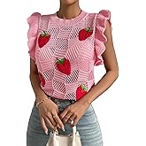 Milumia Women's Strawberry Sweater Vests Ruffle Trim Sweater Tank Top Crew Neck Knit Vest