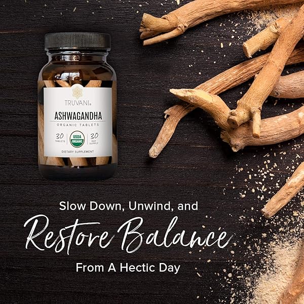 TRUVANI ORGANIC ASHWAGANDHA | DAILY ENERGY, POSITIVE MOOD SUPPORT, SUPPORTS BRAIN HEALTH | SUPPORTS MUSCLE GROWTH AND ENDURANCE | HEALTHY SLEEP SUPPORT | NON-GMO | 30 DAY SUPPLY