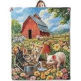 xmwjfd Cute Cat and Pig Blanket, Cozy Throw Blanket for Couch Bedroom Outdoor, Lightweight Soft Flannel Travel Blankets, Gifts for Women Boys Girls and Animal Lovers, Home Cabin Farm Decor 50"×60"