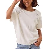Yeokou Women Knit Crochet Top Short Sleeve Crew Neck Loose Fit Pullover Sweater Summer Fall Fashion Casual Knitted Blouse