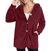 MANGOPOP Womens Fleece Jacket 2025 Winter Oversized Fuzzy Hooded Coat Button Cardigan Sherpa Sweaters Outerwear with Pockets