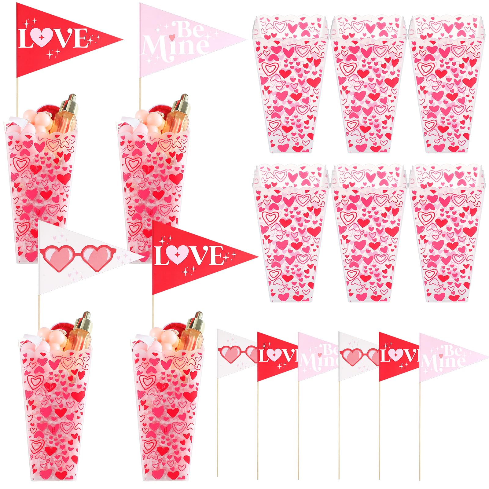 Photo 1 of Thyle 6 Pack Valentine's Day Gifts Buckets with Label Flags, Red Heart Popcorn Treat Buckets Plastic Heart Party Favor Boxes for Valentine Gifts Filling Galentine Party Supplies Weddings Anniversary