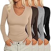 Velvelhall 4 Pack Women's Long Sleeve Shirts Tight V Neck Slim Fitted Tops Stretchy Casual Basic T Shirts Layering Tees 2026