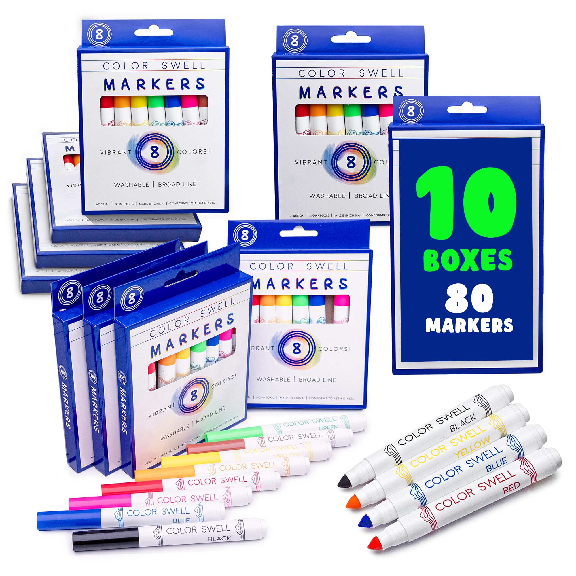 Color Swell Washable Markers Bulk Pack 10 Sets 8 Count Vibrant Colours 80 Total Perfect Bulk Pack for Teachers, Kids and Classrooms