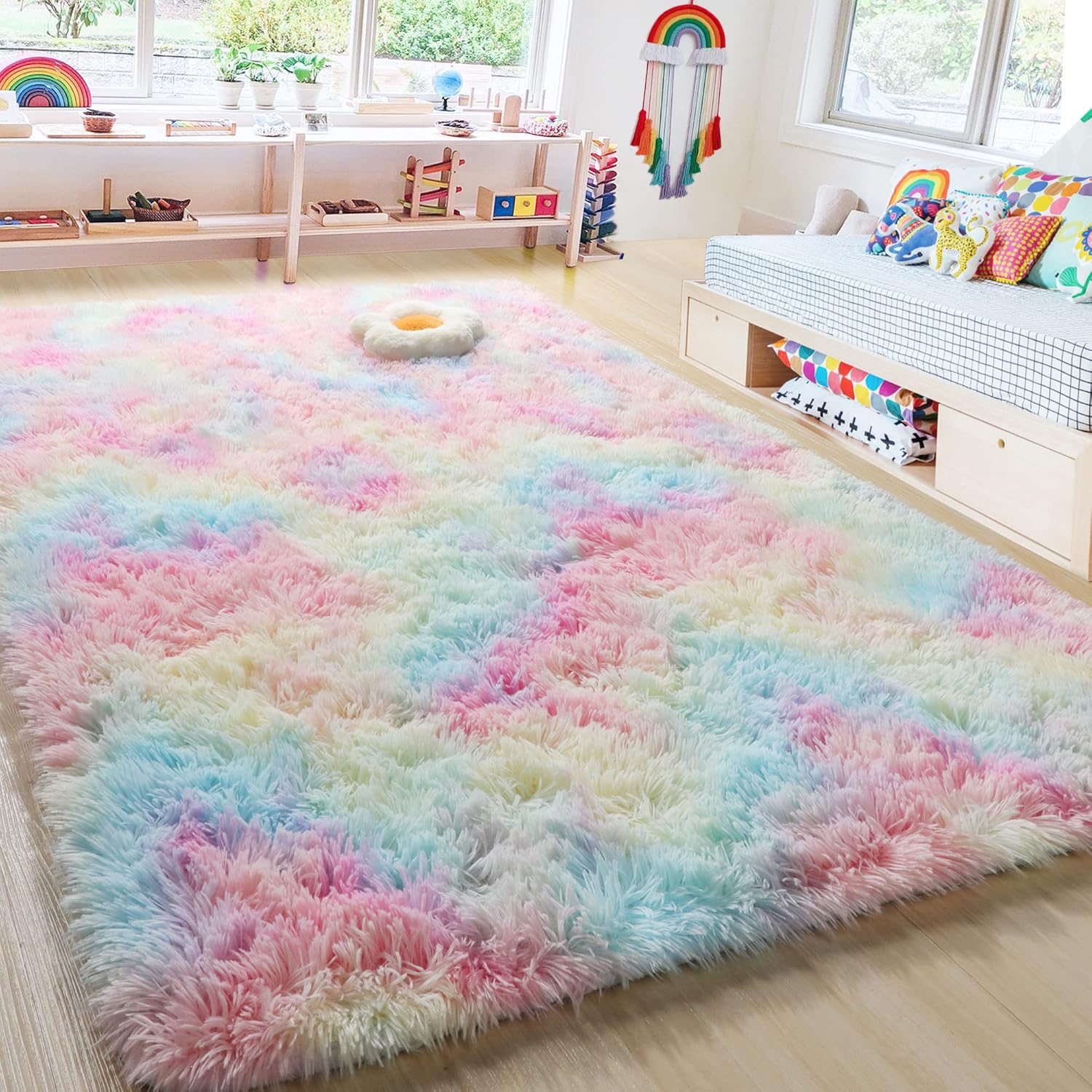 Rugs, Pads & Protectors - RUGTUDER Fluffy Rug for Girls Bedroom, Cute Colorful Area Rugs for Kids Playroom, Fuzzy Carpet for Teen Girl Boys Room Decor, Soft Shaggy Rug for Baby Toddler Nursery,Kawaii Princess Rug,4x6,Rainbow