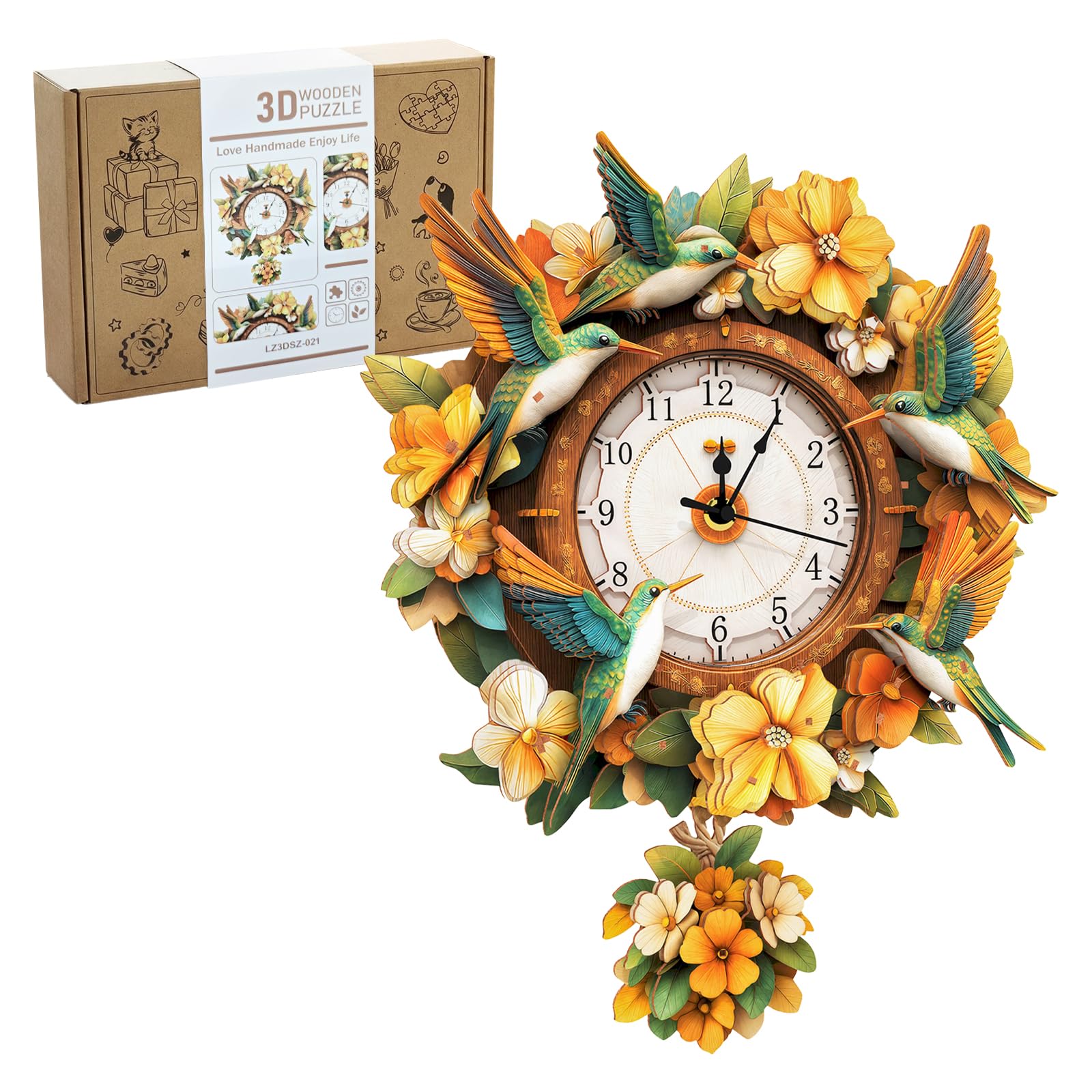 Lilcubics 3D Wooden Puzzles for Adults Mechanical Wreath Hummingbird Wall Clock Wooden Model Kits for Adults to Build Craft Kits for Men & Women, Unique Home Decor