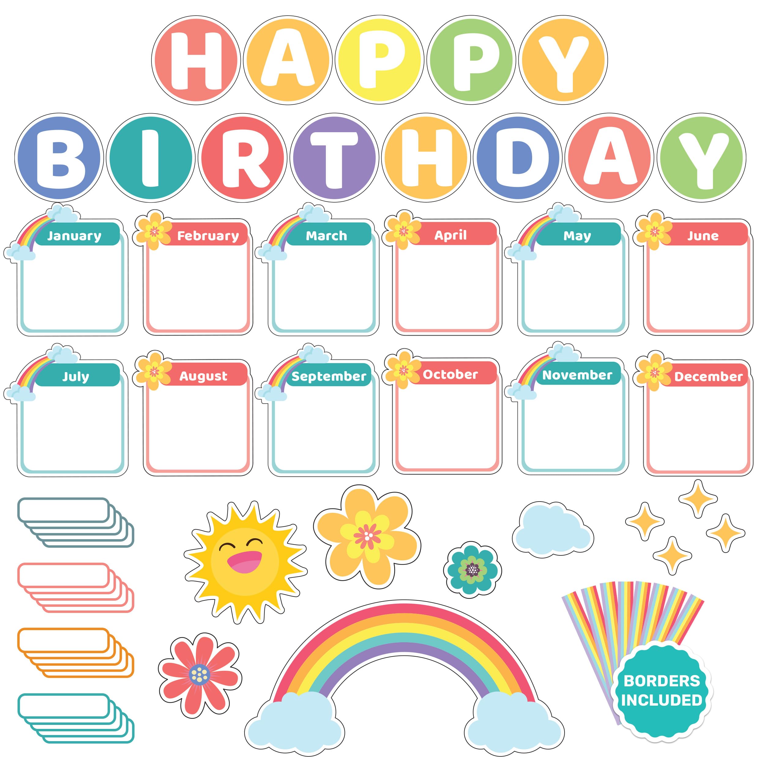 Photo 1 of Decorably 101 Pcs Cutouts Rainbow Happy Birthday Bulletin Board Decorations Set with Borders, Birthday Board Classroom Decor