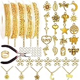 376pcs Gold Necklace Chain for Jewelry Making, 16.4ft 5 Rolls Jewelry Chains Bulk with Charm Pendants Jump Rings Lobster Clasps Pliers for DIY Necklace (Gold)