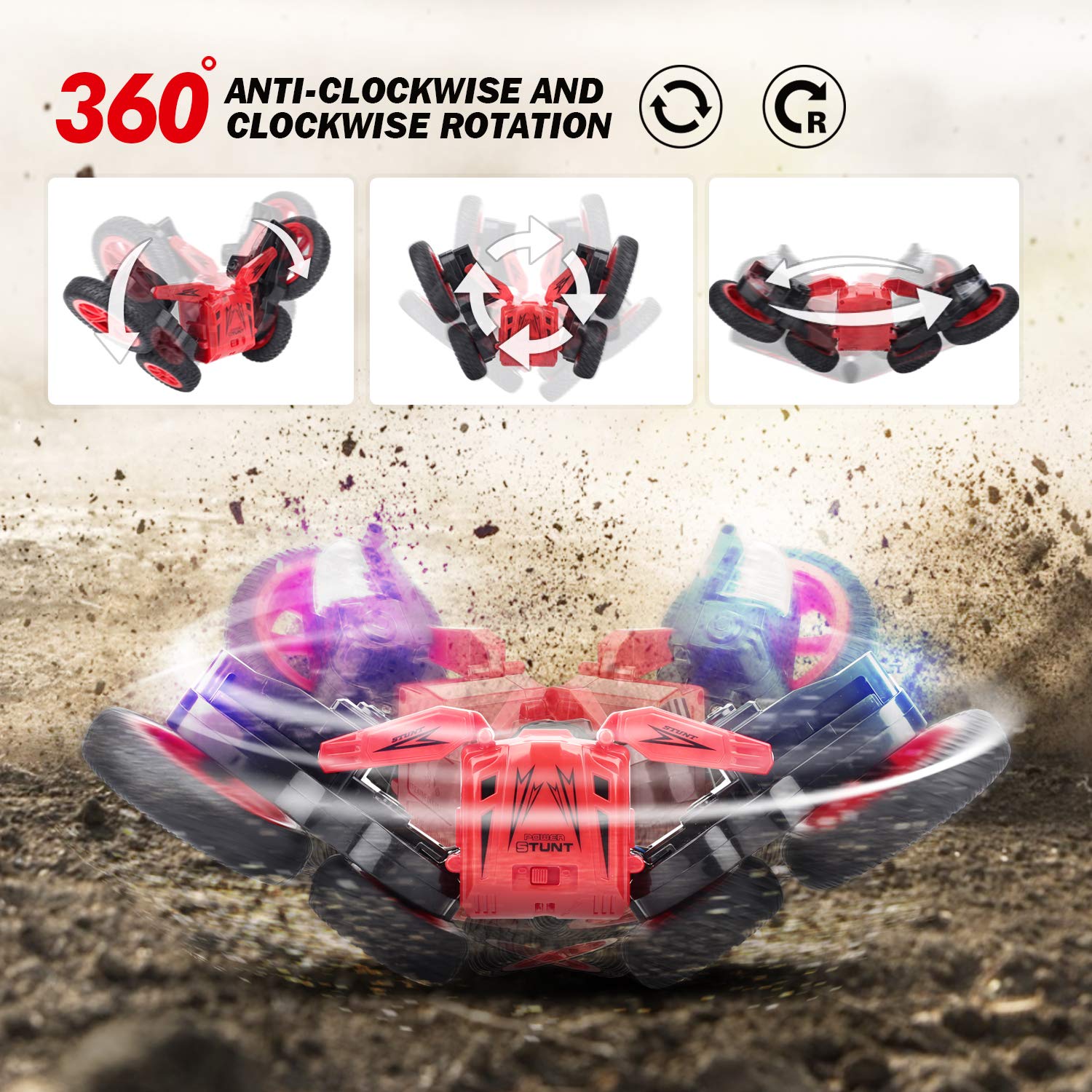 Peradix RC Stunt Car Remote Control Racing Car toy 4WD Double Sided 360 Degree Spins and Flips with LED Lights Cars Toys for boys Children /Kids(Black-Red Stunt car)