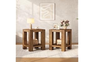 TRIBEWOOD Solid Wood Side Table Set of 2, Farmhouse 2-Tier End Tables with Storage Shelves for Small Spaces, Living Room, Bed