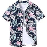 Verdusa Boy's Tropical Hawaii Floral Button Up Shirts Short Sleeve Collared Vacation Tops