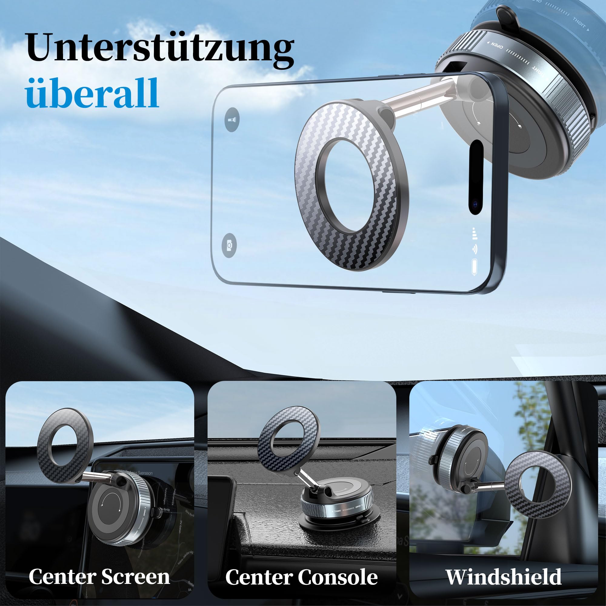 PlusAcc Vakuum Handyhalterung Auto für Magsafe - 360° Drehbar Zusammenklappbar Tragbar Magnetisch Handy Halter für 17/16/15/14/13/12 an Windschutzscheibe/Armaturenbrett/Spiegel befestigt 3
