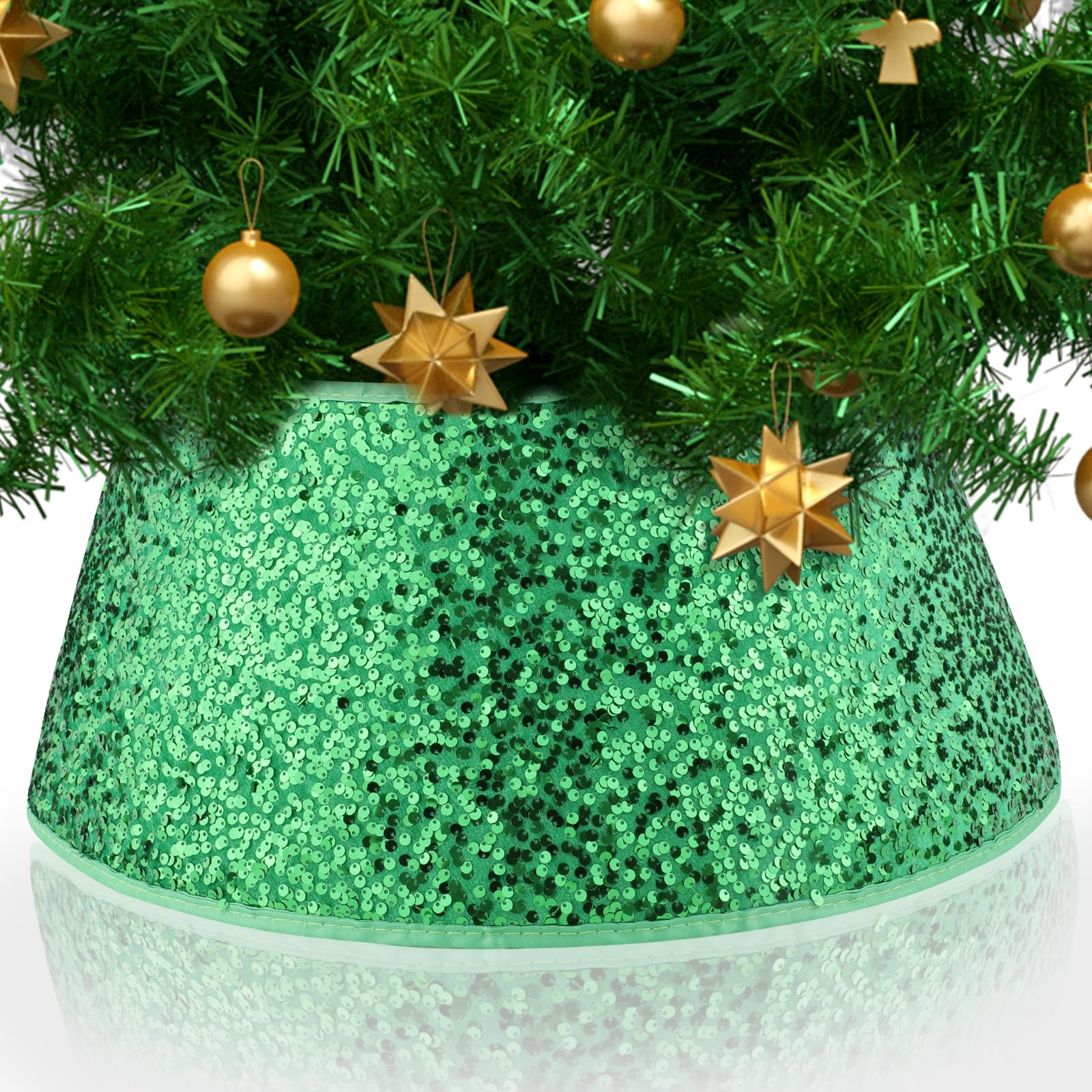 Glitter Sequin Tree Skirt & Ring - Round Shiny Sparkle Tree Stand Base Cover Collar for Xmas Tree Decorations (Green)