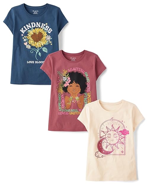 The Children's Place,Girls,Kindness,Love,Equality Short Sleeve Graphic T-Shirts, Multipacks,Sun Moon/Flower/Girl Words 3-Pack,X-Large
