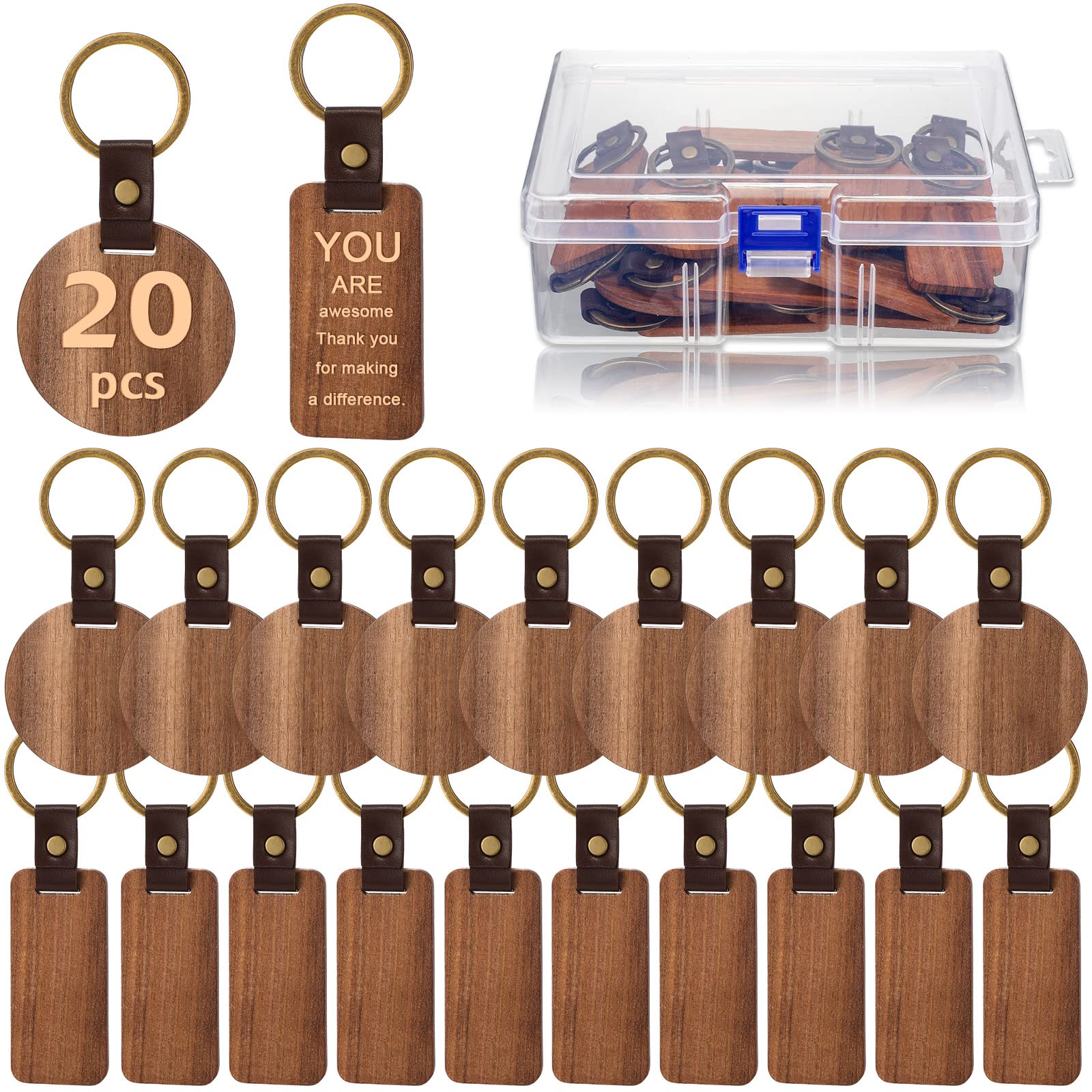 Photo 1 of 20 Pcs Blank Wooden Keychains Leather Keychains for Engraving Blanks Keychain with Container for DIY Employee Gifts Craft