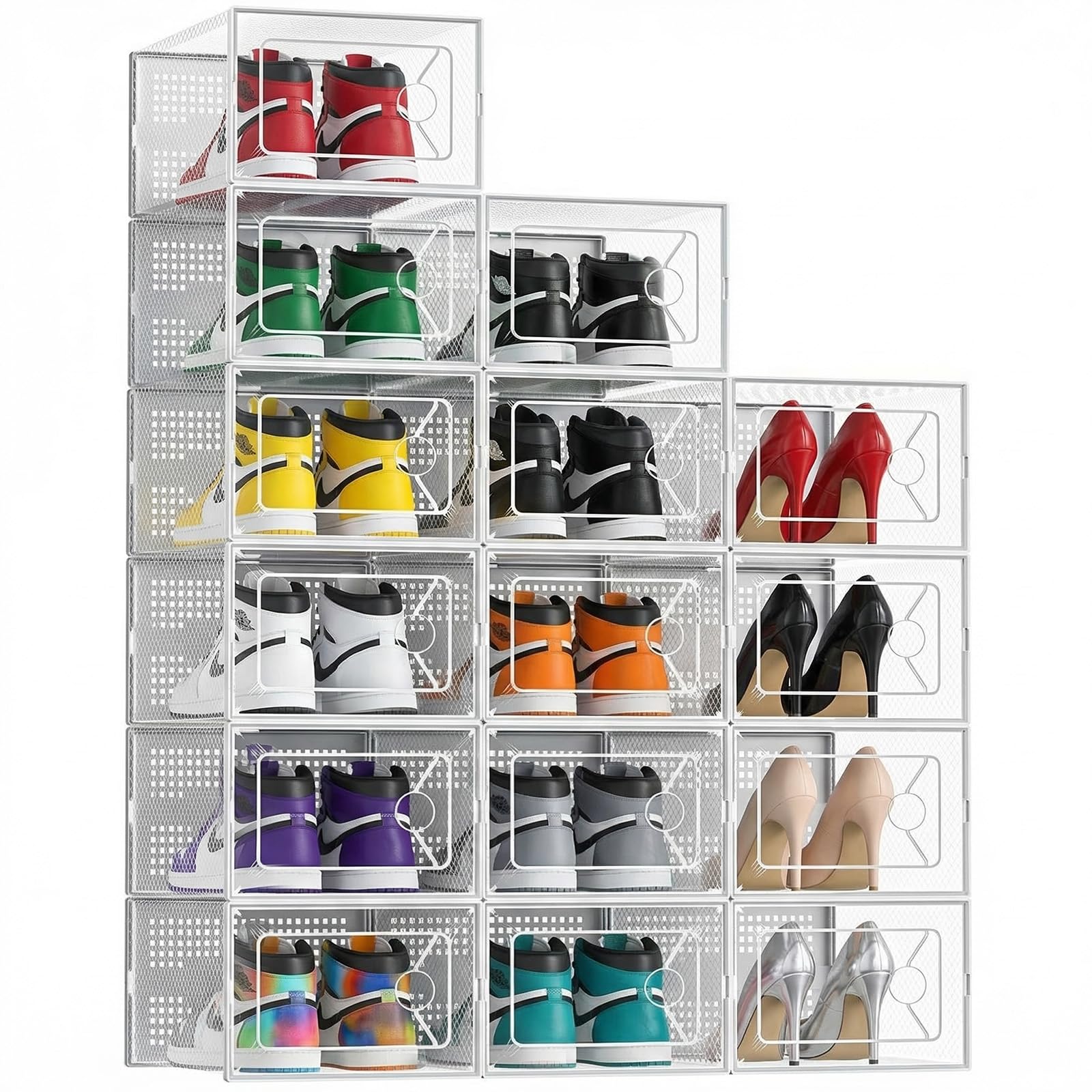 DUMOS Stackable Shoe Storage Boxes, 15-Pack Plastic Shoe Organizers with Lids, Large Shoe Rack & Holder for Closet, Under Bed, Entryway, Sneaker Display and Storage Containers, White
