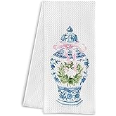 Qpenm Blue and White Porcelain Kitchen Towels and Hand Towels, 16x24 Inches - Pink Coquette Bow Design, Chinoiserie Decor