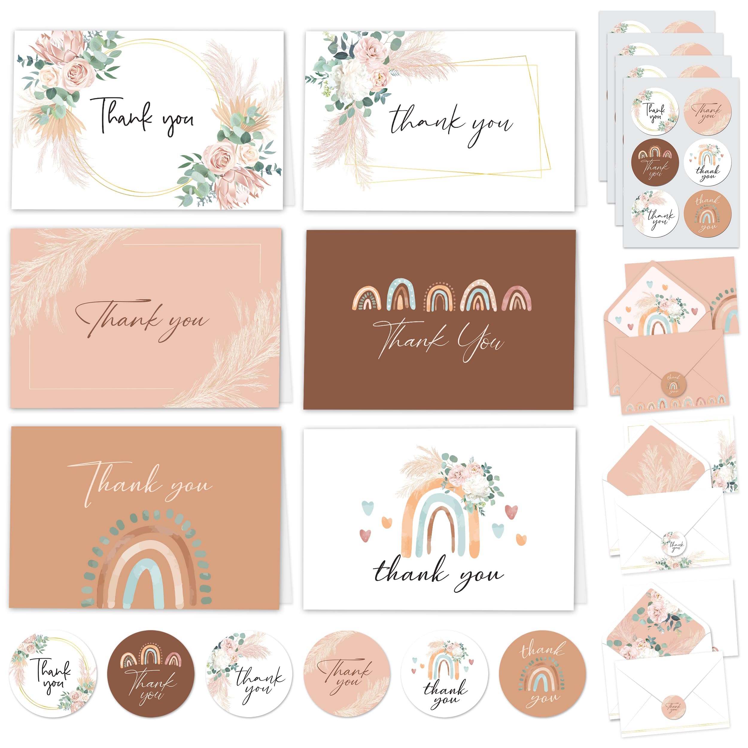 Decorably 24 Pack 6x4in Baby Shower Boho Thank You Cards with Envelopes & Stickers, 6 Charming Designs Thank You Baby Cards, Blank Inside - Wedding, Bridal Shower