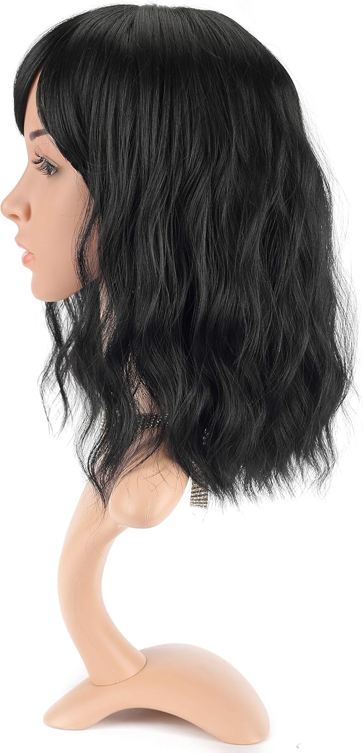 FAELBATY Short Black Wig With Air Bangs Shoulder Length Curly Wavy Synthetic Cosplay Bob Wig for Girl Costume Wigs (14" Black Color) - Image 4