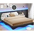 AOGLLATI Floating Bed Frame Full Size with Charging Station, Black Modern Led Platform Metal Bed Frame Full Size with Leather Wave Molding and Stable Structure,No Box Spring Needed, (Black, Full)