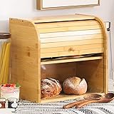Betwoo Natural Wooden Roll Top Bread Box Kitchen Food Storage (2 Layer Bread Box)