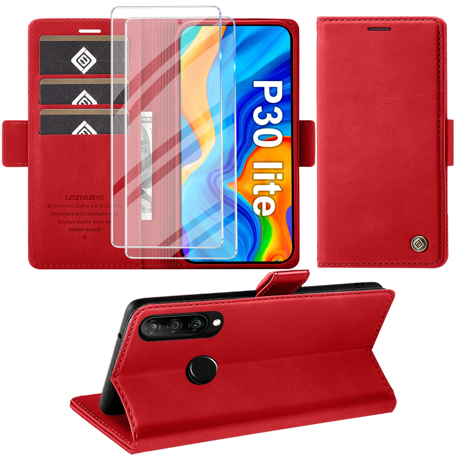 Giyer Mobile Phone Case for Huawei P30 Lite Case with Tempered Glass, Protective Case P30 Lite Premium Leather Wallet Case Stand Function Card Slot Flip Cover for Huawei P30 Lite Shockproof Flip Case