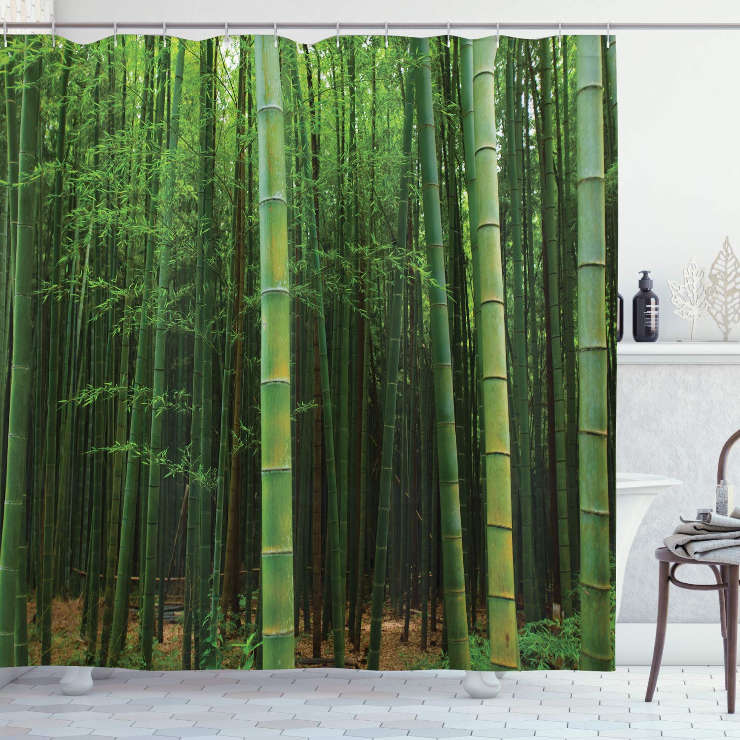 ABAKUHAUS Bamboo Shower Curtain, Picture of a Asian Forest Exotic Fresh Jungle Vision Tall Shoots Tropic Art Print, Cloth Fabric Bathroom Decor Set with Hooks, 94 Inches, Green