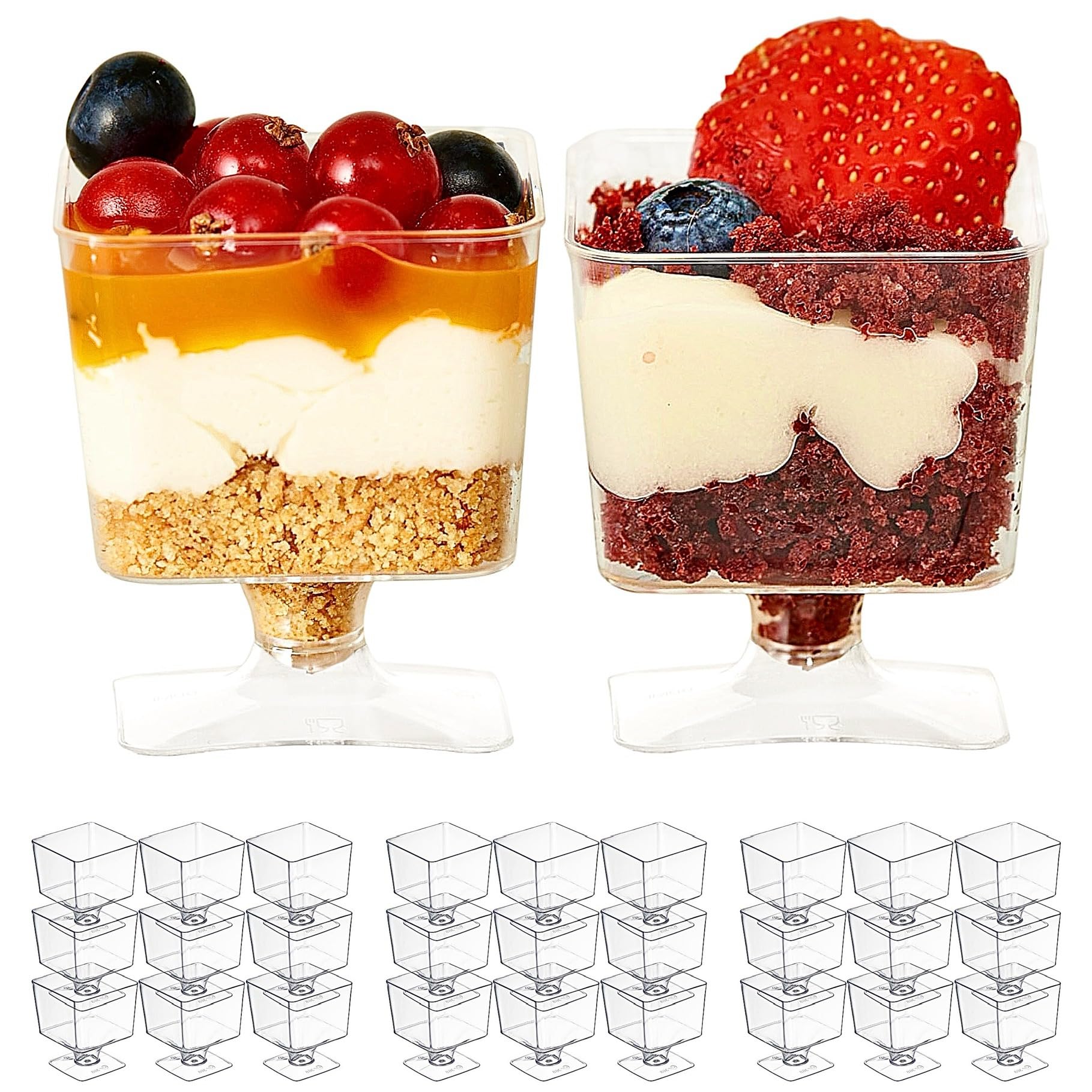 MATANA 100 Mini Clear Hard Plastic Dessert Cups for Parties (Square with Stem, 60ml) - Elegant & Reusable Individual Dessert Pots for Cheesecake, Jelly, Puddings, Mousse, Tiramisu, Trifles