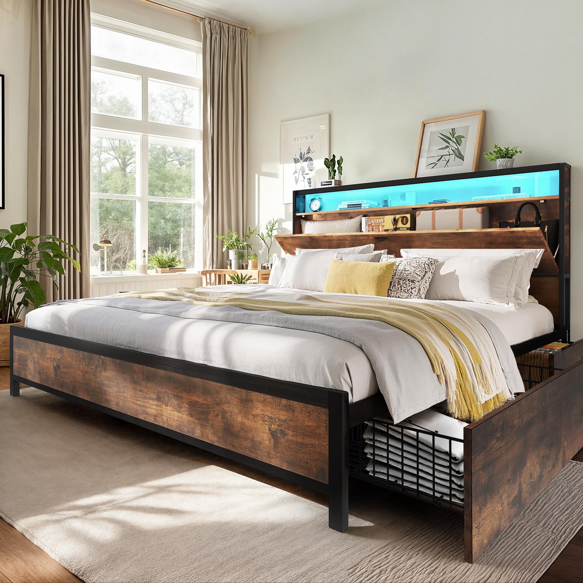 Photo 1 of ** minor damage on corner of wood** YITAHOME King Size Bed Frame with Storage Headboard, Platform Bed with 4 Drawers, LED Bed Frame with USB Ports & Charging Outlets, No Box Spring Needed, Easy Assembly, Vintage Brown
