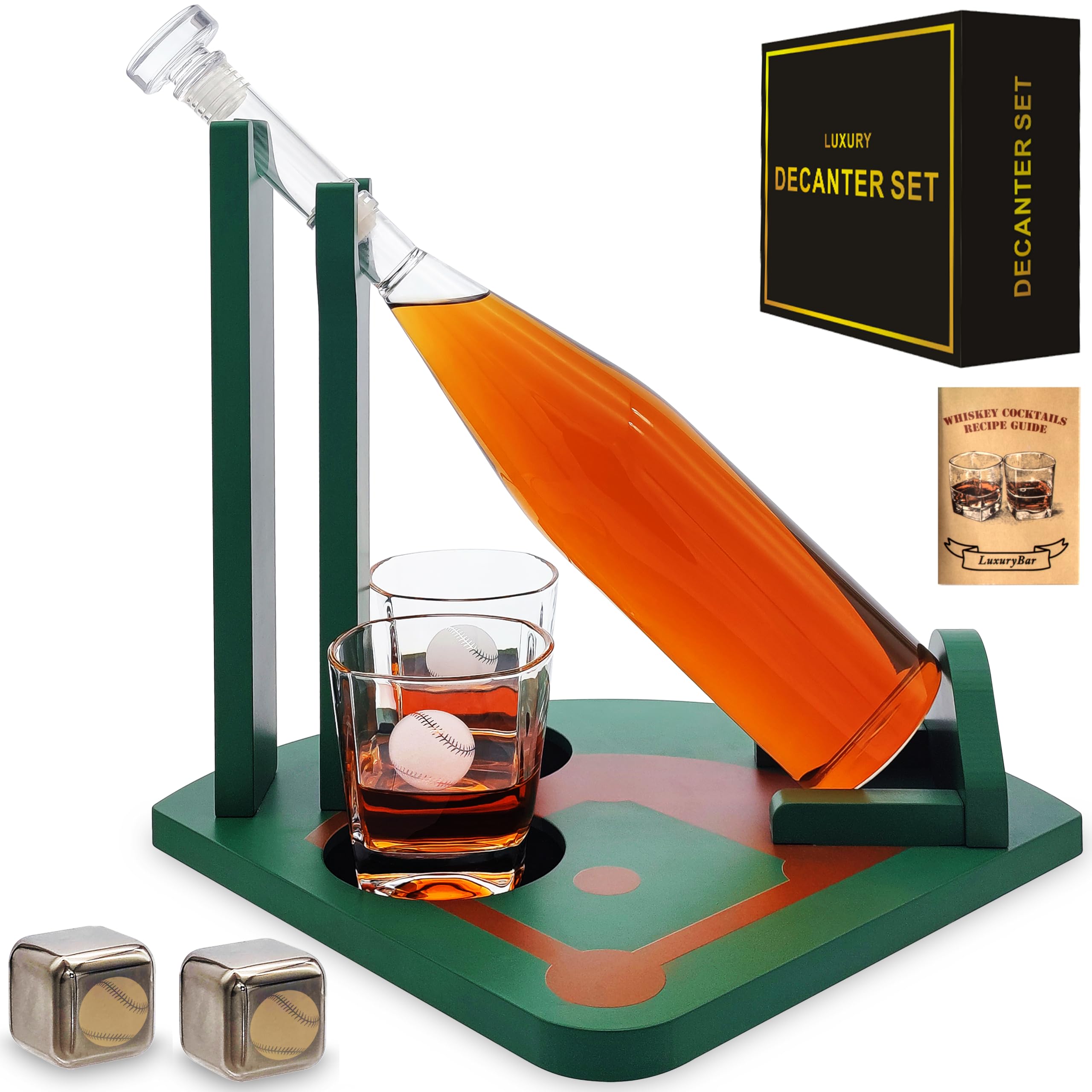 LuxuryBar Baseball Gifts Whiskey Decanter Set, 25.4oz Whiskey Decanter Sets for Men with Baseball Accessories Chillers 8.5oz Glasses &Tray,Liquor Dispenser Tequila Alcohol Bourbon Gifts for Men Dad
