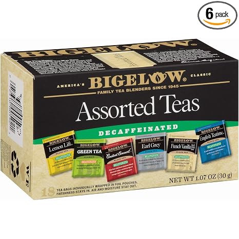 Bigelow decaffeinated assorted teas, 18-count boxes (pack of 6) (072310005921)