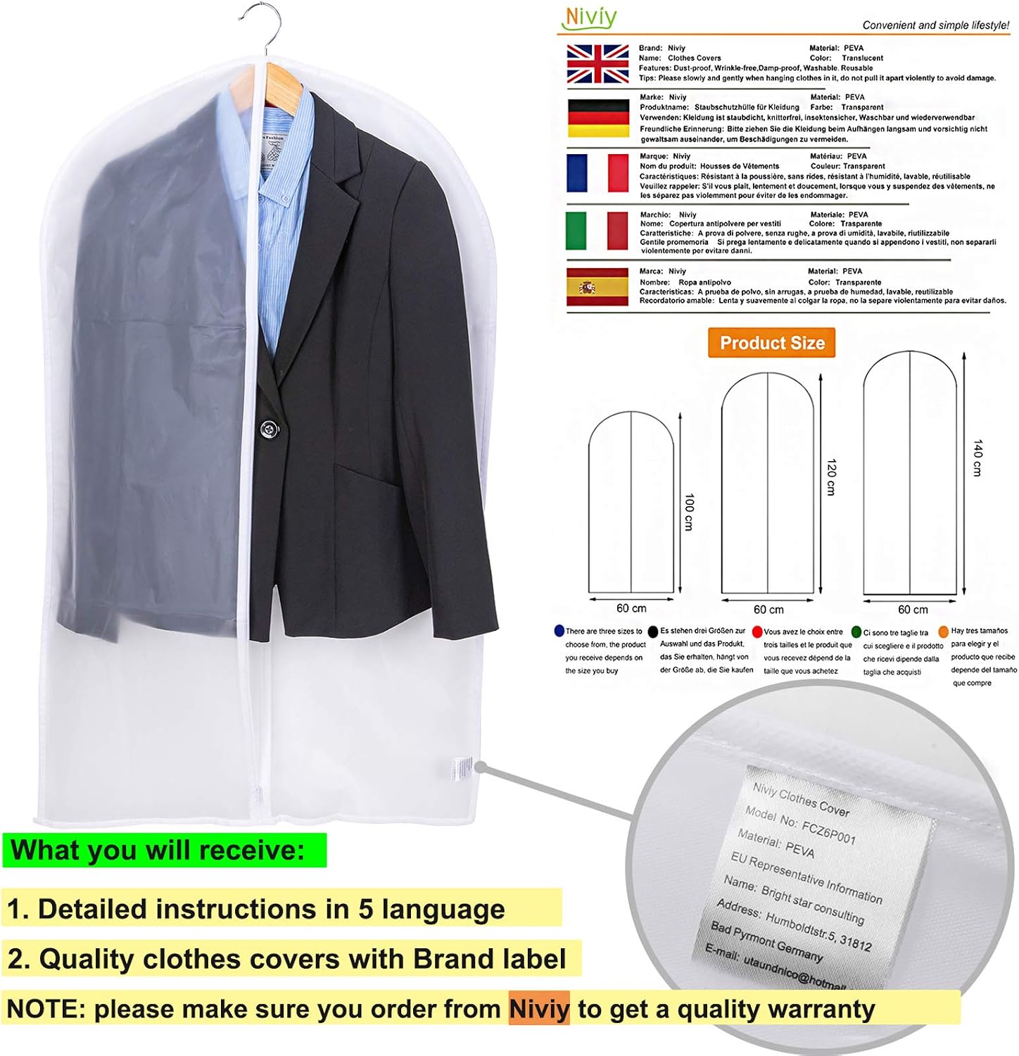 Niviy Dustproof, Waterproof, Moth-Proof Garment Bags Black Side Breathable Clear Clothes Covers - Image 5