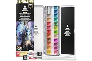ARTEZA Metallic Watercolor Paint Set 24 Colors, Shimmering Watercolors in Half Pans with Water Brush Pen & Tin Box, Luminous, High-Pigment Paints for Paper & Mixed Media, Holiday Gift for Artists