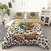 Nttopship Golden Rose Comforter Set Queen Gold Foil 3 Pieces Bedding Set for Women Girls, Soft Microfiber Comforter with 2 Pillowcases Down Alternative Bedding Comforter Sets for All Season