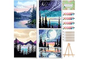 Ninonly 4 Pack Paint by Numbers Kit for Adults Framed Canvas, Art Supplies for Adults Beginners with Easel, Brushes, Acrylic Paint Set for Christmas Gift & Decor, 9 * 12 Inch