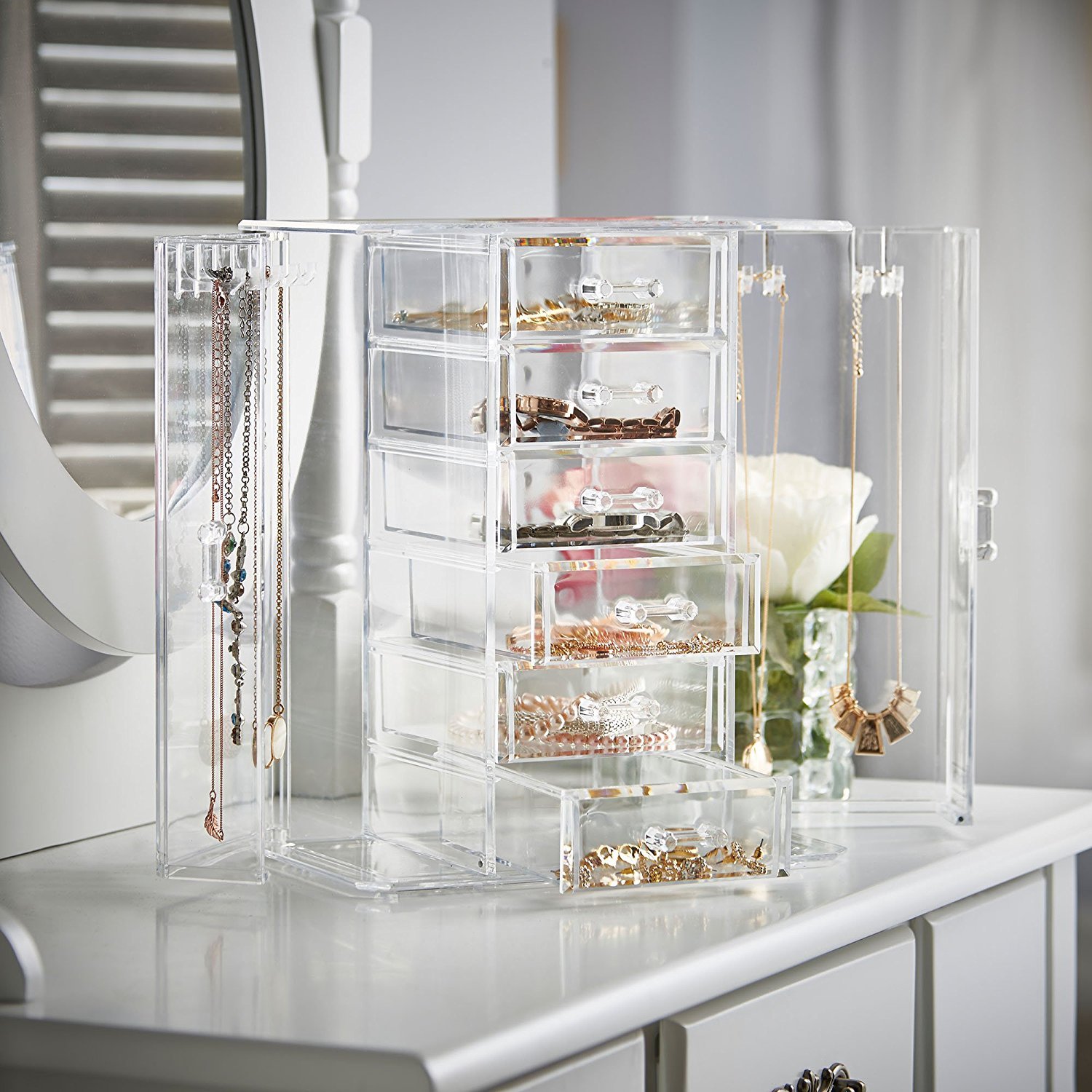 Amazon Com Beautify Clear Acrylic Jewelry Organizer Chest Makeup Storage Box With 6 Drawers Hanging Necklace Holder Clear Home Kitchen