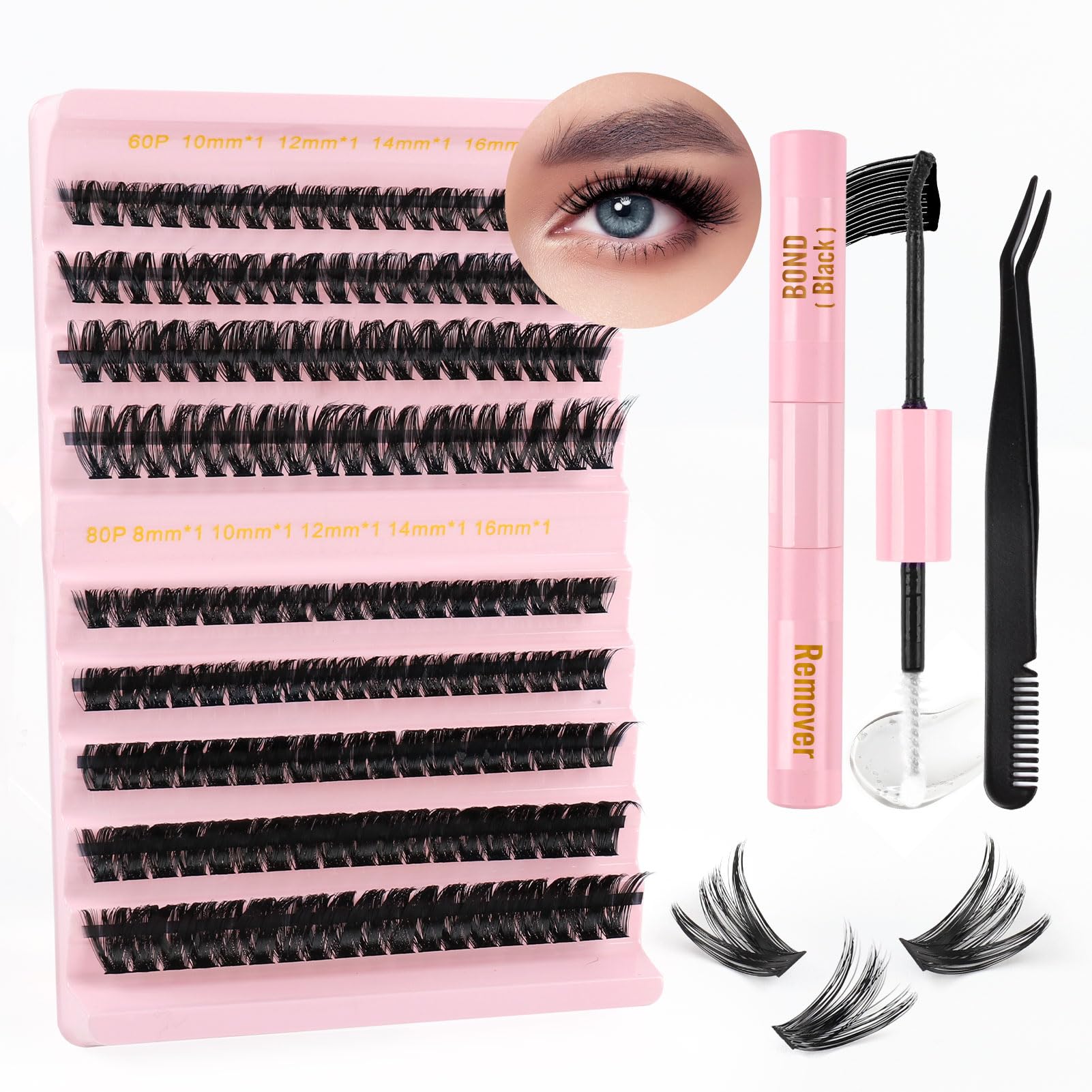Sixstarhair Eyelashes Individual Kit 60D+80D Cluster Lashes with Tweezers and Lash Bond and Remover Kit Thick Clumpy Lashes Individual Cluster 8-16mm Fluffy Lash Extensions Diy at Home — image 1