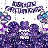 Space Galaxy Party Supplies Tableware Set, Includes Banner, Plates, Cupcake Topper Napkins, Cups,Tablecloth, Balloons, Foil Balloons, for 20 Guests Galaxy Outer Space Theme Birthday Party Decoration