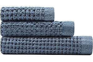 ONSEN Bath Towel Set - Waffle Weave - 3 Piece Bathroom Towel Set - 100% Supima Cotton - Ultra Soft - Quick Drying - Bath Towel (31" x 57"), Hand Towel (16" x 30") & Face Towel (12" x 12") - Denim Blue