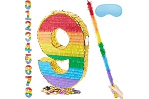 PCFING 20 Inch Number 9 Piñata Rainbow with 30 Inch Piñata Stick Blindfold Confetti for Boy Girl Kids Birthday Party Decorations, Anniversary Celebration, Fiesta