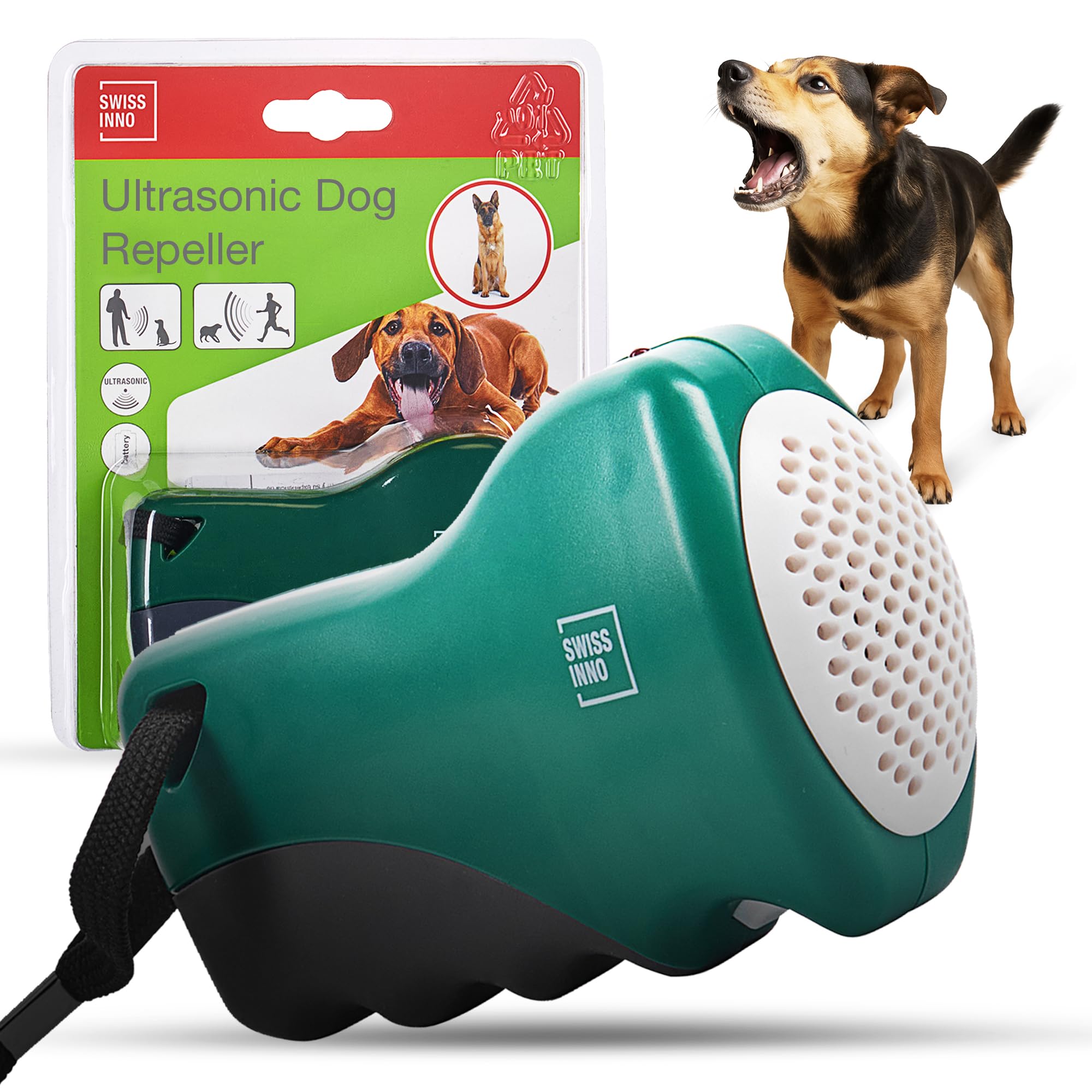 SWISSINNO Ultrasonic Dog Repeller – Portable Handheld Device – Battery Operated – Safe for People – Ideal for Joggers Cyclists Postmen Seniors – Also for Dog Training