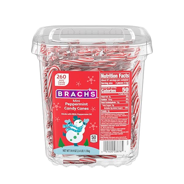 BRACH’S MINI PEPPERMINT CANDY CANES, CHRISTMAS CANDY, STOCKING STUFFERS, HOLIDAY CLASSIC, 260CT, 40 OZ TUB