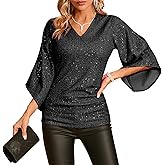 Sequin Tops for Women 3/4 Sleeve Blouse for Women Dressy Sparkly Tops V Neck Outfits for Party Glitter Tops
