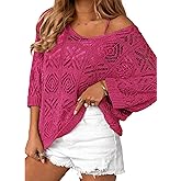 Zeagoo Women's Summer Crochet Off The Shoulder Hollow Out Knit Tops 2025 V Neck 3/4 Sleeve Sweater Top